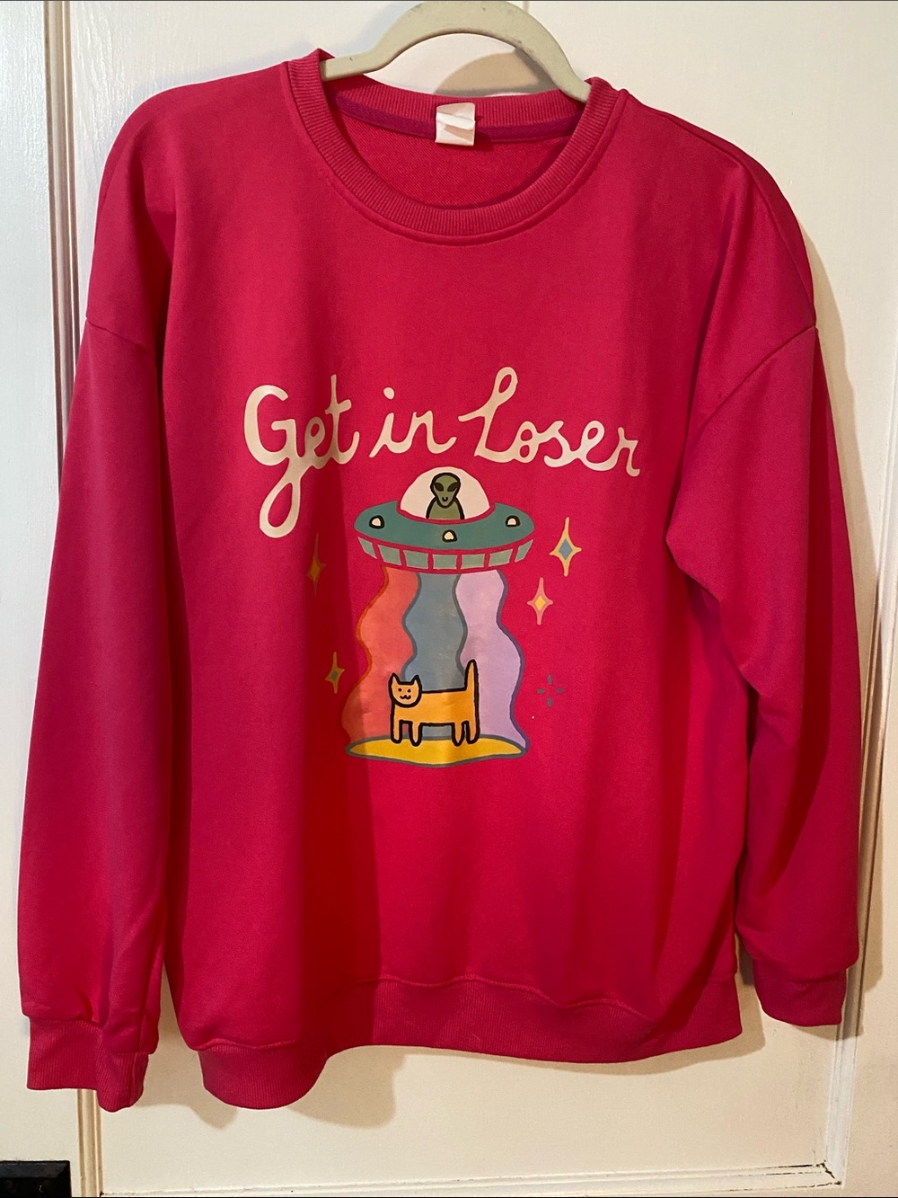 Hot Pink Graphic Crewneck Sweatshirt with UFO Cat Design